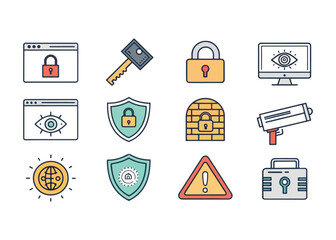 Cybersecurity and Data Protection Flat Vector Icons Set Internet Security Measures