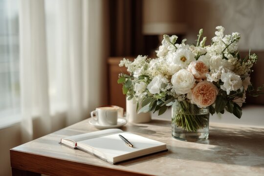 A beautiful guestbook rests open on a table next to a stunning floral centerpiece. The warm, inviting scene is perfect for wedding guests to leave their messages of love