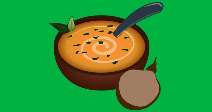 Food bowl showing orange soup, cream swirl, garnish, leaves, spoon, disc on transparent background