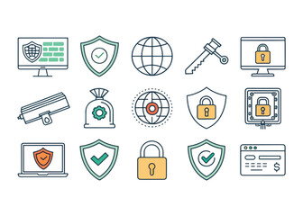 Cybersecurity Icon Set Illustrating Internet Protection and Data Security Concepts for Modern Digital Age