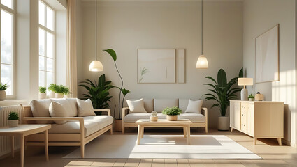 Fototapeta premium Bright and airy scandinavian living room filled with natural light and lush green plants