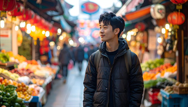 Young Asian man exploring a vibrant night market filled with fresh produce and glowing lanterns.