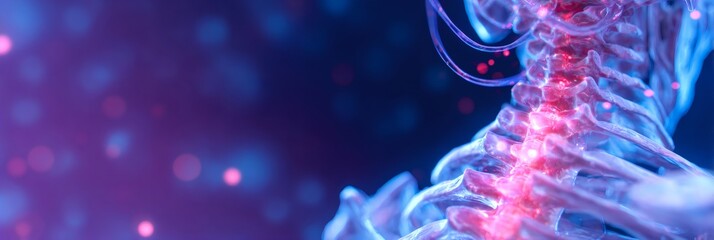 Transparent spine model with vivid nerves and glowing connections. Advanced neurology research and bioengineering concept. Digital healthcare future.