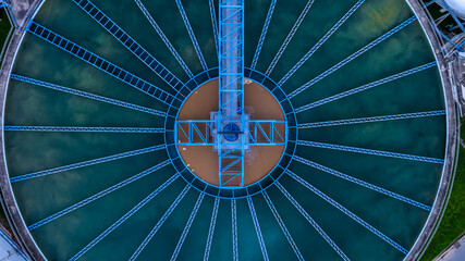 Aerial view circular clarifier tank at wastewater treatment plant, Industrial infrastructure, Environment technology sustainable water management system, Sedimentation tank circular clarifier.