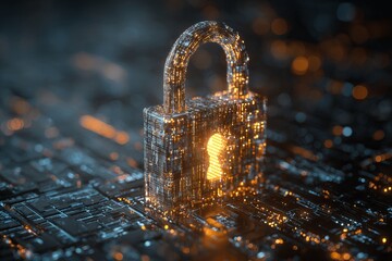 Futuristic glowing padlock symbolizing cybersecurity data protection encryption and digital privacy in advanced technology network