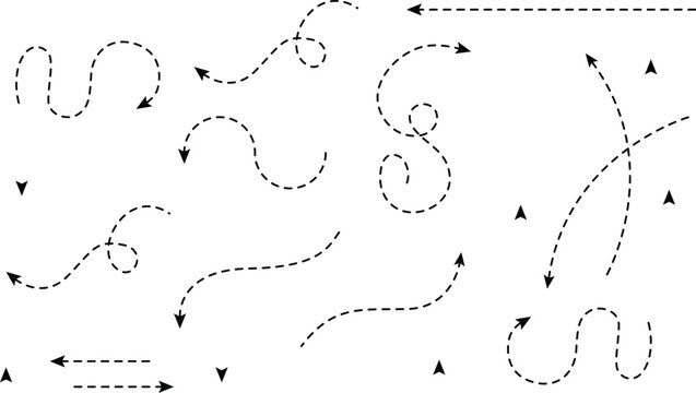 Dashed arrow set doodle dotted line vector design. hand drawn dotted arrows set.