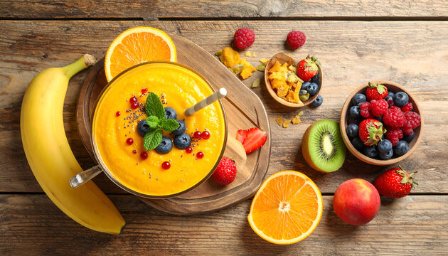 Vibrant fruit smoothie bowl with fresh berries and orange slices.
