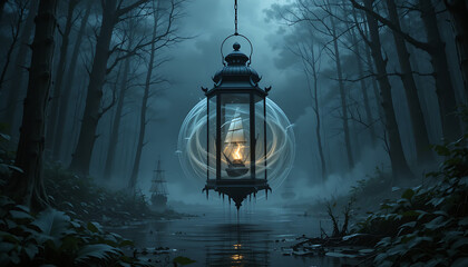 A lantern floating above a swamp, but instead of a flame inside, there’s a swirling storm with ghost ships sailing in circles.”