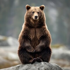 Fototapeta premium A brown bear sitting upright on a rock in a human-like pose, showcasing its thick fur, strong claws, and calm expression against a blurred natural background