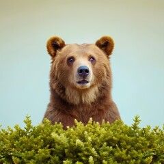 Fototapeta premium A brown bear with soft fur gazes attentively while emerging above green bushes, set against a clear pastel background that enhances its natural beauty