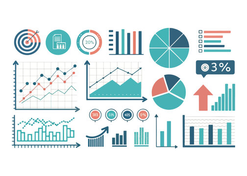 Diverse business data charts and graphs displaying growth progress and statistical analysis for presentations and reports
