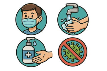 Health and safety icons for pandemic prevention. Hygiene practices like wearing a face mask, washing hands, and using sanitizer. Stop virus spread concept. Vector cartoon set.
