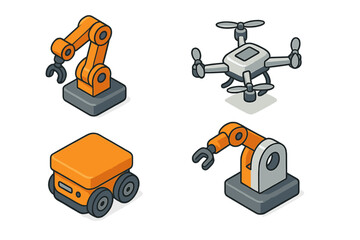 Fototapeta premium Isometric industrial robot icon set. Factory automation, robotic arm, delivery drone, autonomous vehicle. Vector cartoon illustration for smart industry, manufacturing, logistics.