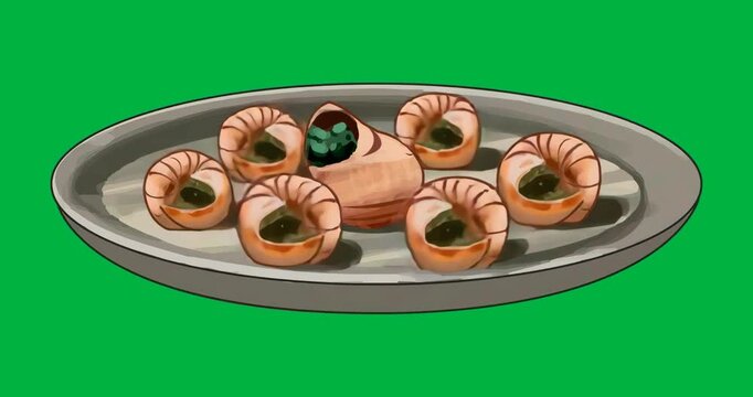 chef placing spirals around black sphere shell on silver plate on transparent bg, animating charts