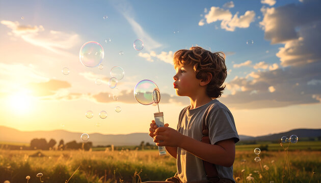 Boy Blowing Bubbles at Sunset in a Field.