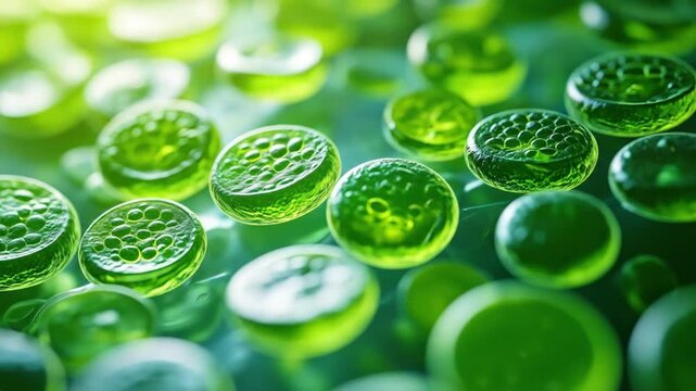Close-up view of numerous round, vibrant green microscopic organisms.  Small, translucent, bubble-like structures are visible on the surface of each.  A soft.