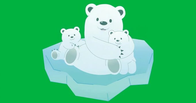 Parent polar bear holding cubs on angular ice floe, using transparent background for graphic design