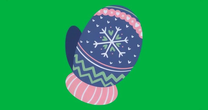 Stylized winter mitten floating on transparent layer, showing snowflake animation for marketing