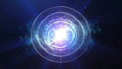 Glowing energy core within layered spheres against a dark, cosmic backdrop. Rays of light emanate outwards
