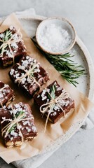 Fototapeta premium Handcrafted fudge squares tied with twine showcase a rustic appearance, garnished with herbs and sea salt on a beautifully arranged serving tray