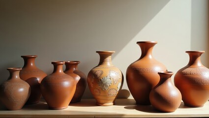 Several terracotta pottery vases of varying sizes and intricate designs stand on a wooden surface, bathed in natural light.