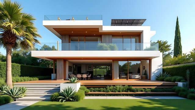 Modern luxury home with open concept living and lush landscaping on a sunny day