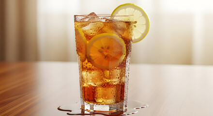 Refreshing cold tea with lemon and splash of ice