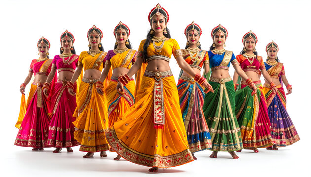 A large group of Indian female dancers in colorful traditional costumes.