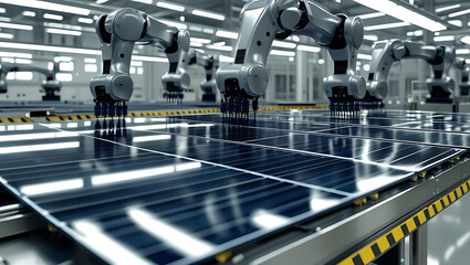 Automated robotic arms precisely assembling solar panels on a modern manufacturing production line