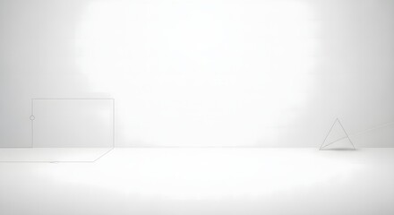 Fototapeta premium A serene and starkly minimal abstract white interior, subtly defined by a rectangular outline and a delicate geometric wireframe, evoking themes of purity, vastness, and futuristic design