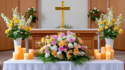 Beautifully arranged church altar featuring golden cross, vibrant floral displays, and soft candlelight creates serene and uplifting atmosphere. combination of colors and textures enhances