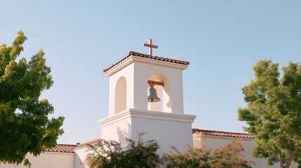 Fototapeta premium Beautiful church bell tower stands tall against clear blue sky, featuring prominent cross atop its structure. surrounding trees add touch of greenery, enhancing serene atmosphere