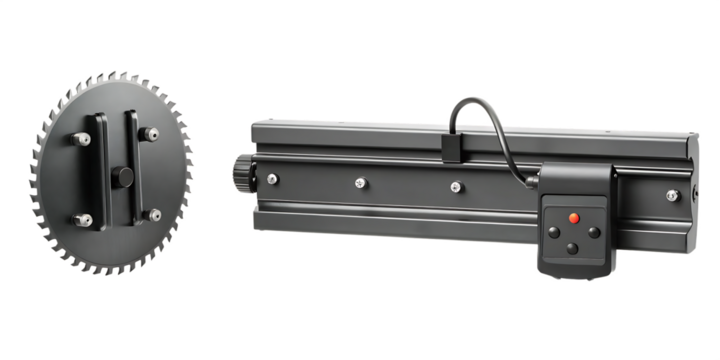 Circular Saw Blade and Linear Actuator with Remote Control industrial machinery isolated on a transparent background - Powered by Adobe