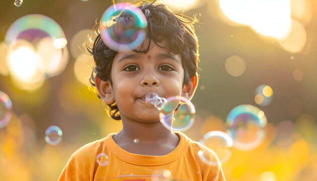 Joyful Child Blowing Bubbles in Golden Sunlight.