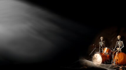 Halloween battle of the bands featuring skeleton musicians spooky venue event flyer design eerie atmosphere creative concept