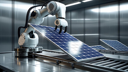Automated robotic arm precisely places solar panels on a conveyor belt in a modern manufacturing facility