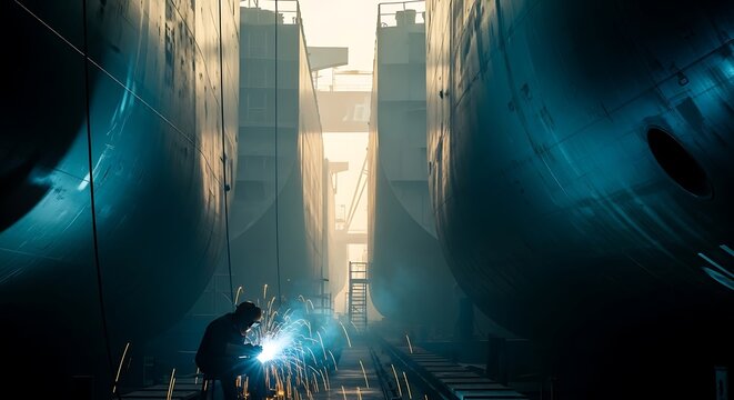 Welder working on shipbuilding construction in shipyard