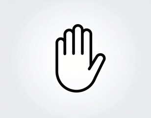 A black flat, simple icon in a line art style. An outline symbol with a stylized image of a hand palm.