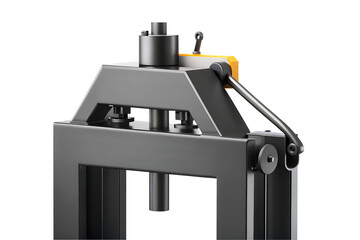 Close up of a heavy duty hydraulic press machine with yellow lever industrial equipment isolated on a transparent background