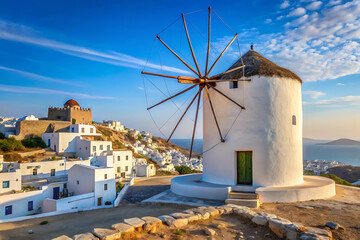 Windmill in Chora Isolated on blue sky Background Photography