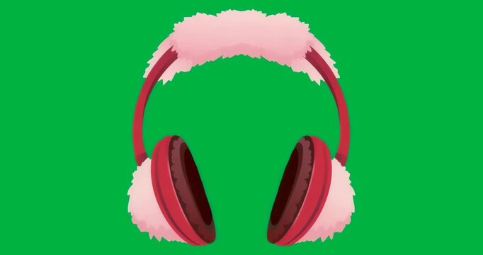 Designer displaying fluffy pink earmuffs red band on transparent backdrop showcasing winter fashion