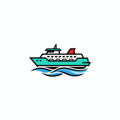 A modern ferry boat icon sailing on blue waves, a simple and clean logo for sea travel and transportation.