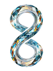 Crystal number eight with faceted geometric facets and colorful reflections digit isolated on a transparent background