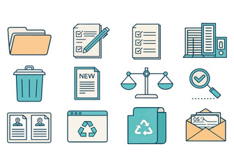 Office documents and business symbols in flat design representing tasks correspondence recycling and file management