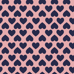 Simple seamless heart pattern. Minimalist romantic background with navy blue hearts on a dusty pink backdrop. Modern vector design for Valentine's Day, wrapping paper, and fabric.