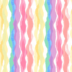 Abstract seamless pattern with vertical wavy stripes. Hand-drawn colorful watercolor texture. Modern artistic background with pastel rainbow colors for digital paper, textile, and design.