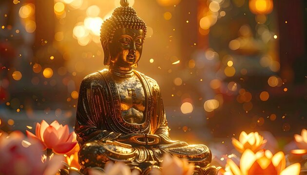 Golden Buddha Statue Surrounded by Lotus Flowers in Bokeh Lighting