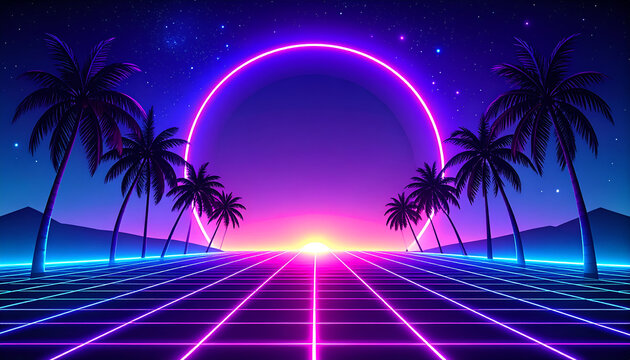 Vibrant Neon Sunset Landscape with Palm Trees and Grid.