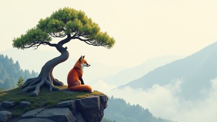 Majestic fox resting on a rocky ledge under a stylized pine tree in a serene mountainous landscape at sunset
