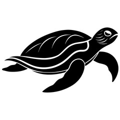 Black silhouette of a sea turtle swimming white